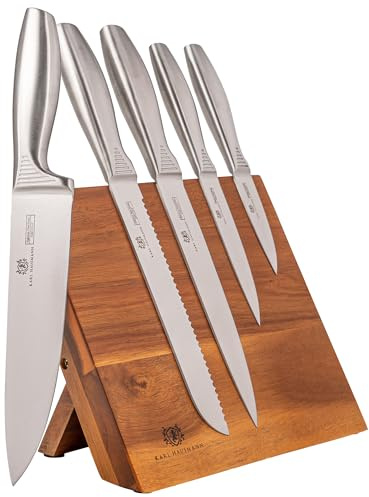 KARL HAUSMANN Set Cuchillos Cocina con Bloque Magnético Madera - 6 Piezas - Bloque Cuchillos Magnético de Roble - Cuchillos Cocina Acero Inoxidable