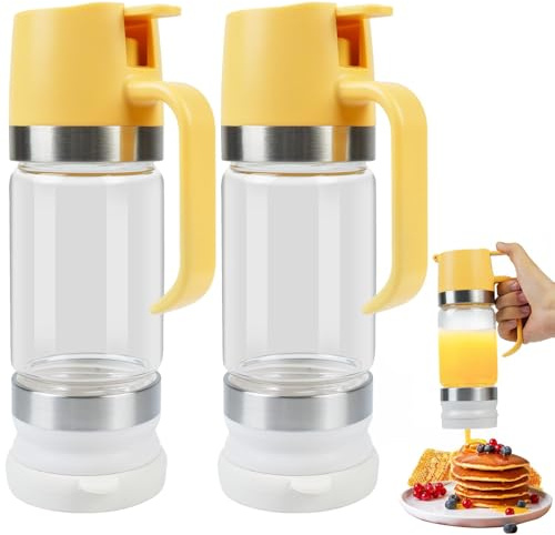 Ecopandy 315ML/11oz Glass Honey Dispenser No Drip, No Drip Honey Maple Syrup Dispenser with Handle, High Borosilicate Glass Clear Honey Jar Pot for Honey, Syrup, Jam, Spices Home Kitchen (2* YELLOW)
