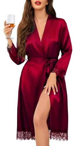 Lovasy Peignoir Satin Femme Mariage en Dentelle Robe de Chambre Soie Longue Kimono Bride Sexy Léger Col V avec Ceinture Vêtement de Nuit Demoiselle d'Honneur