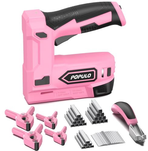 POPULO Akku Tacker, 2-in-1 Lithium-Ionen-Heftgerät, 4V Nagelgerät Set Mit Ladekabel, 2600 Heftklammern & Nägel, Power-Tacker Inklusive Nagelzieher für Bastelarbeiten, DIY und Polsterarbeiten, Rosa