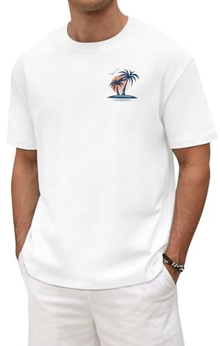 Xnova Maglietta Uomo Cotone Magliette Manica Corta Estate T-Shirt Uomo Larga con Palma e Tramonto Stampata, Collo Tondo Casual per Vacanze Spiaggia, Bianco, XL