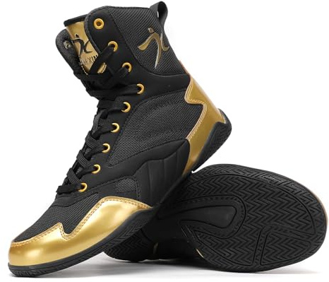 Mavonexa Men's Wrestling Shoes Men Boxing Shoes High Top Fitness Weightlifting Powerlifting Shoes Zero Drop(Golden 10)