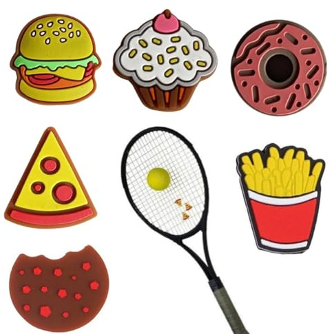 6pcs Cute Tennis Dampeners Set,Fun Burger Cake Fries Shapes, Silicone Racket Vibration Dampers,Shock Absorbers for Reduced Vibration,Enhanced Comfort.Tennis Racket Accessories for Outdoor Play
