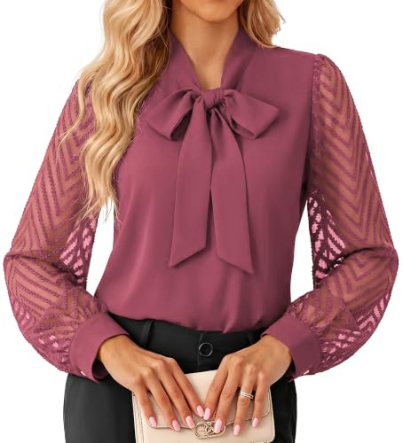 GRACE KARIN Women's Sheer Long Sleeve Blouse Bow Tie Chiffon Going Out Tops | Vintage Retro Lace Tops Formal Business Office Work Shirts 2026 Dressy Casual Tops Evening Date Night Blouses