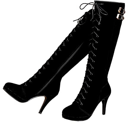 getmorebeauty Womens Suede Buckle Rock Lace Up Zipped Knee High Boots High Heel Boots (US 5, Black)
