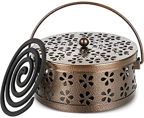 Whiidoom Portable Iron Mosquito Coil Holder with Handle Round Heat-Resistant Incense Holder (Bronze)
