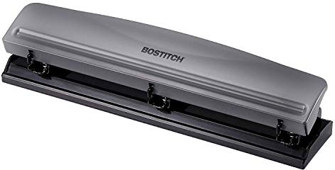 Bostitch Office Premium 3 Hole Punch, 12 Sheet Capacity, Metal, Rubber Base, Easy-Clean Tray, Silver, Gray