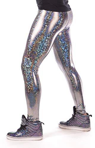 Revolver Fashion / Funstigators Festival Clothing: Men's Holographic Disco Meggings - Made in USA, Silver, Medium