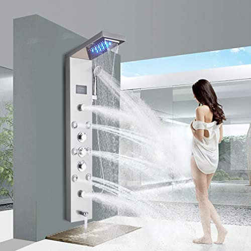 FUZ Contemporary Shower Panel Tower System with 6-Function Faucet, LED Rainfall & Massage Jets, Handheld Sprayer, and Tub Spout, Brushed Nickel