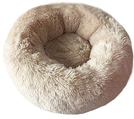 BODISEINT Modern Soft Plush Round Pet Bed for Cats or Small Dogs, Mini Medium Sized Dog Cat Bed Self Warming Autumn Winter Indoor Snooze Sleeping Cozy Kitty Teddy Kennel (S(19.7”Dx7.9 H, Champagne)