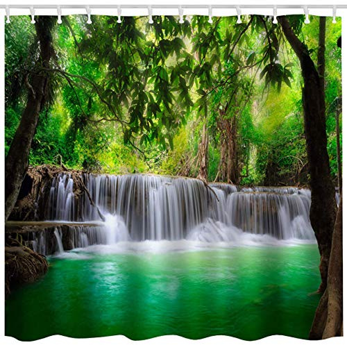 JOOCAR Bathroom Decorative, Green Lake Summer Waterfall in Forest Woodland Nature Jungle Scenery Art Printing Brown White, Waterproof Polyester Fabric Shower Curtain with 12 Hooks Size: 72x72 Inch