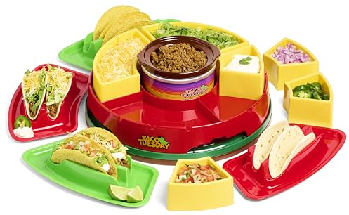 Nostalgia Taco Tuesday Heated Lazy Susan Taco Bar Serving Set for a Party with 4 Tortilla Holders, Fondue Pot for Burritos, Nachos, and Fajitas - 20 Oz. - Red
