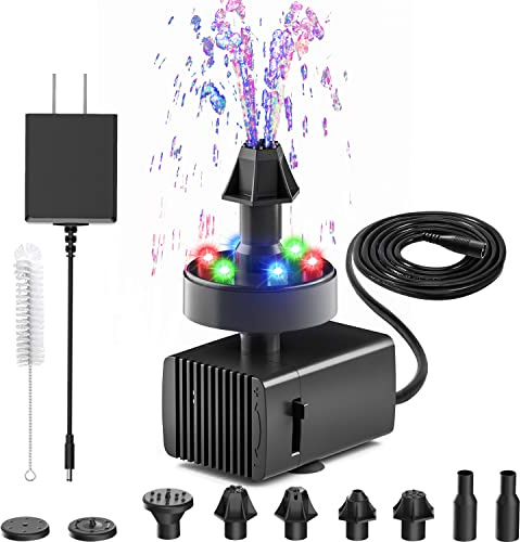 Jutai 24-Hours Working Bird Bath Fountains Electric, Adjustable Quiet Water Fountain Pump with LED Lights for Garden,Small Fish Tank, Pond,Water Features - 7 Nozzles,16.4Ft Power Cord