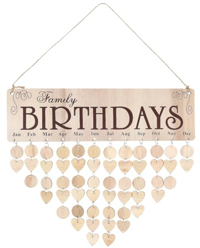 STOBOK Family Birthday Reminder Calendar DIY Wooden Wall Hanging Board Heart Circle Birthday Tracker Signs with 100 Tags for Mom Grandma, Days