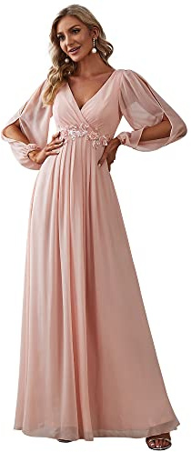 Ever-Pretty Women's V Neck Long Lantern Sleeves Floor Length Ruched Chiffon A-Line Formal Evening Dress Pink US10