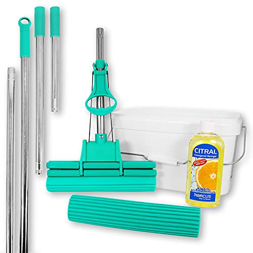 ABACUS Wischmop Set, Wischmopp extrem saugstark + Ersatzschwamm + Verlängerungsstiel + Eimer + Orangenreiniger, Bodenwischer, Wischer, Mopp, Bodenreiniger, Bodenmop Green Mop® Set 30 cm (7810.3)