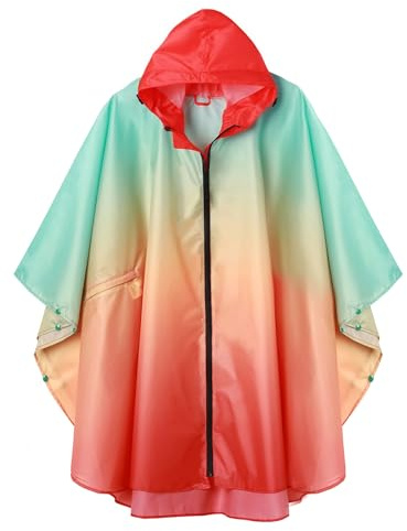 SaphiRose Adults Rain Poncho Waterproof Raincoat Women Gradient Hood with Pocket (Gradient Green Red)