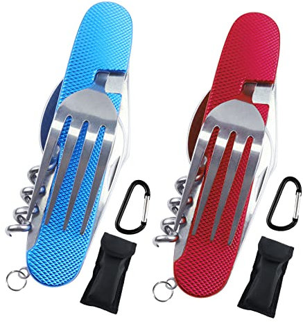 cersaty®2 Stk Campingbesteck,Abnehmbar 6 in 1 Essbesteck outdoor,für Reisen Camping Picknick(Messer, Gabel, Löffel, Korkenzieher, Bohrer, Folienmesser)