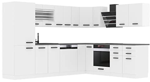 Belini Küchenzeile Küchenblock Küche L-Form Julie Küchenmöbel mit Griffe, Einbauküche ohne Elektrogeräten mit Hängeschränke und Unterschränke, ohne Arbeitsplatten, Weiß matt