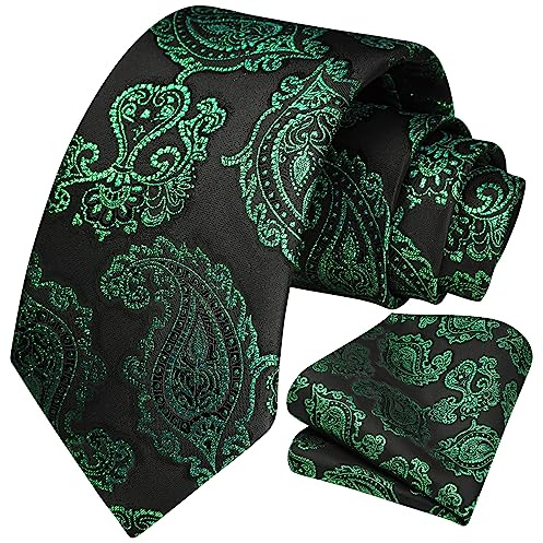 HISDERN Men's Paisley Tie and Pocket Square Extra Long Green and Black Ties for Men Wedding Necktie Set Formal Neckties with Handkerchief, XL, 160CM
