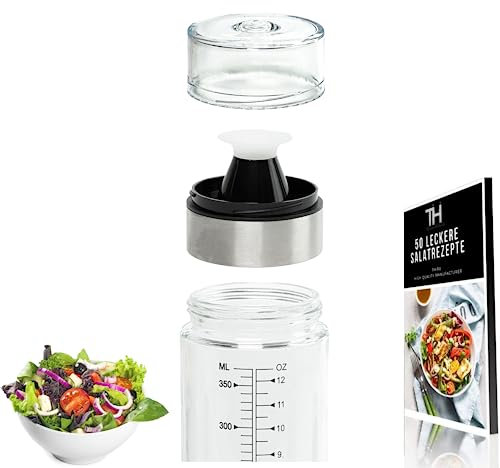Thiru Glass Dressing Shaker 400 ml with Scale – Includes E-Book with 25 Dressing Recipes – for the Perfect Salad Dressing – Leak-proof & Dishwasher Safe