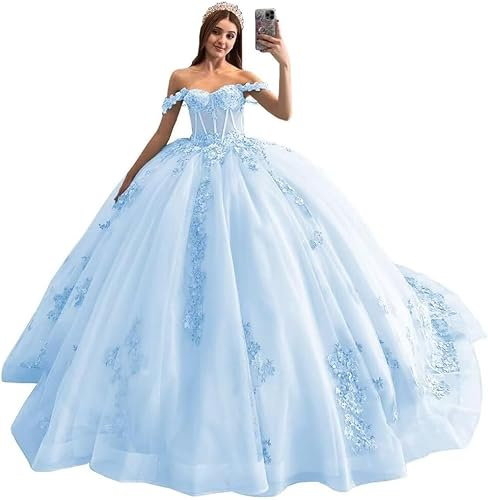 Yifanier Sweet 16 Quinceanera Dresses Ball Gowns Tulle Ball Gowns Sparkling Lace Pearl Quinceanera Dresses Tulle 3D Flowers Fluffy Ball Gowns Sparkling Lace Gowns MT003 Light Blue