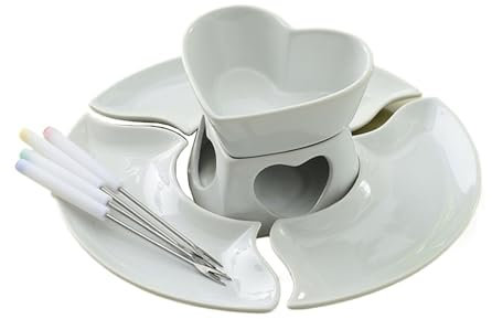 KANLVU Hjärtform Keramisk Smörvärmare Set Fonduegryta Chokladfondue Set, Ostfondue-Set Med Gafflar Och Brickor För Inflyttningsfesten(White)