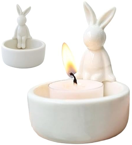 Tealight Candle Holder, Funny Warming Rabbit Ceramic Candle Holder Easter Decorations Candlestick Holders for Living Room Table Centrepiece Gifts for Rabbit Lover