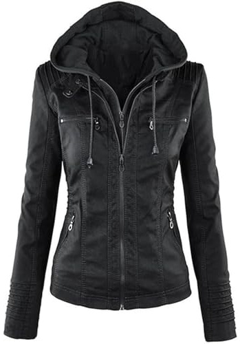 Women's Lightweight Leather Jacket Waterproof Motorcycle Bomber Jacket Vintage PU Moto Biker Coat With Removable Hood, black, L