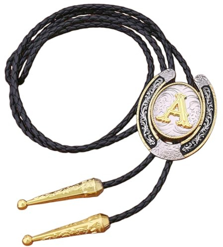 CALFOVERA Cravatta Bolo Da 107cm con Iniziale In Stile Western con Lettera A In Pelle PU Intrecciata Nera Collana Vintage Da Cowboy In Pelle Stile Rodeo Accessori Da Cowgirl per Uomo e Donna