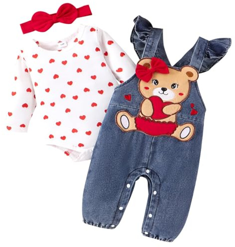 LUVCES Babykläder söt hjärtan tryck bodysuit set justerbar björn/elefant hängselbyxor höst vinter jumpsuit kläder set, A: 3 st rött hjärta björn, 0-3 M�nader