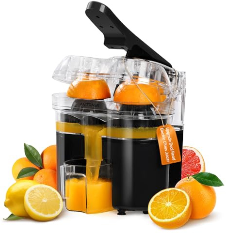 Amzpass Electric Orange Juicer, Dual-Head Citrus Juicer Squeezer, Built-in Cutter, Electric Juicer Machine for Orange, Lemon and Grapefruit with Cup & Cleaning Brush, Easy to Clean and Use, Black