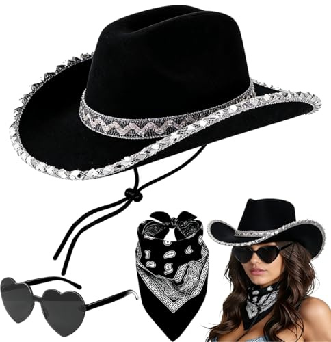Cowboy Hat Fancy Dress Accessory - 3Pcs Cowboy Costume Set with Paisley Bandanna and Glasses, Western Cowboy Fancy Dress Costume for Birthday Halloween, Bachelorette, Bachelor Party Cosplay