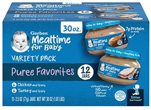 Gerber Stage 2 Baby Food, Chicken & Turkey Variety Pack Jars, Mealtime Poultry Puree, Baby Food Puree,12-Pack