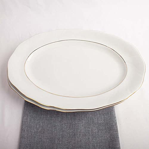 FranquiHOgar - 2 bandejas, fuentes grandes para servir comida y decoración - porcelana blanca con filo de oro 34 cm oval | Lubeck