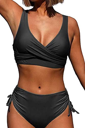 Joligiao Mujer Conjunto de Bikini Cintura Alta Fruncido Traje de Baño Dos Piezas Twisted Bañador de Baño Bikini Bottoms Control de Vientre Ropa de Playa Conjuntos de Bikini(Negro,M)