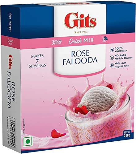 Gits Falooda Mix Rose Drink Mix 200g - Delicious Beverage-Cum-Dessert with Vermicelli, Sweet Basil (Sabja Seeds) and Rose Flavour - Ready in 3 Easy Steps Drink Mix – Makes 7 Servings (Pack of 1)