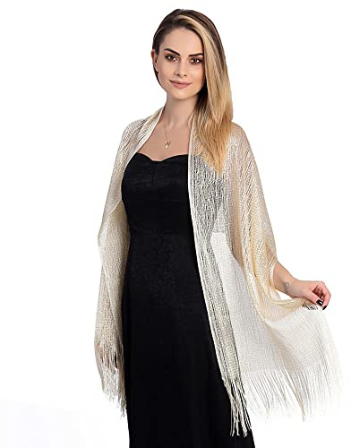 TOEECY Scialle Stola Metallici Scintillanti Donna Leggera Glitter Sciarpa con Fibbia a Scialle Elegante Foulard con Frangia per Cerimonia Matrimoni Nozze Festival (Champagne Oro)