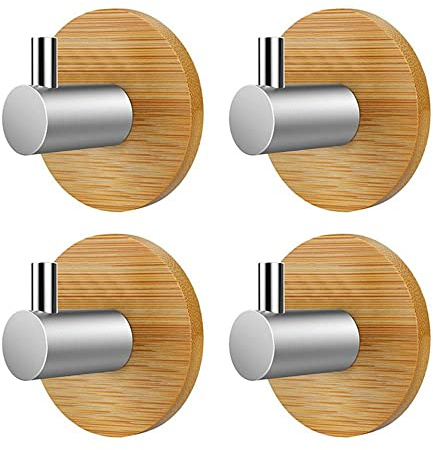 VOANZO 4PCS Bamboo Wooden Stainless Steel Towel Holder Self-Adhesive Towel Hooks for Bathroom Kitchen Living Room Office