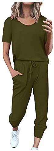 Byxdress dam elegant 2 delar sportset casual enfärgad loungewear streetwear dam rund hals topp skjorta + hög midja fritidsbyxor kläder enfärgad sportdräkt, Armégrön, M