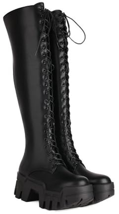Botas Altas hasta la Rodilla para Mujer Plataforma Grueso Tacón Botas largas Cremallera con Cordones Botas de Combate de Motocicleta