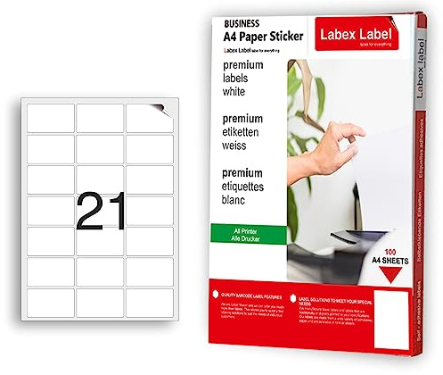 100 ark, 63 mm x 38 mm, 21 per A4-ark, 2100 stycken, självhäftande, tryckbara, matt, blankt papper självhäftande etiketter klistermärken, vit