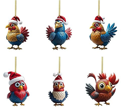 6 Stück 2D Acryl Huhn Weihnachtsbaumschmuck Set, Rooster Weihnachtsdekoration Anhänger, Anhänger,lustige Hühner Anhänger,Weihnachtsbaum Dekorationen, Geeignet für Weihnachten und (Khaki, One Size)