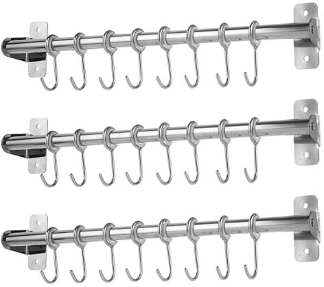 GBACHOOSE 3 Pcs Stainless Steel Kitchen Utensil Rack - 40cm(15.75”) with 8 Movable Hanging Hooks, Wall-Mounted Rail for Pot Pan, Lid Spoons Storage