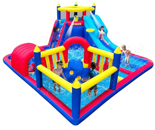 Inflatable Water Slide Park for Party Fun,15x15FT,Big Splash Pool,Long&Short Slides,Fun Crawl Tunnel,Basketball Hoop,GFCI Blower,Bounce Castle for Kids