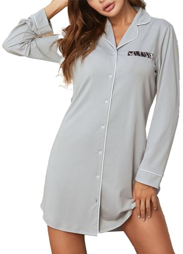 Rayson Camisones para Mujer Satén Ropa de Dormir de con Botones y Bolsillos Laterales Camisón de Cuello en V Manga Larga Ropa de Dormir Suave(Gris,S)