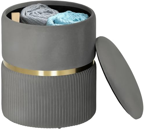 HOMCOM Round Storage Stool, Velvet-feel Fabric Upholstered Vanity Stool with Removable Top, Padded Seat and Hidden Space for Living Room, Bedroom, Grey