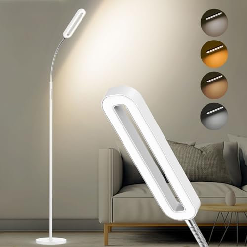 Amdelne Stehlampe Dimmbar Weiß, Stehlampe Wohnzimmer mit 6 Szenemodi & 1H Timer, 12W 1400lm Stehleuchte LED mit Fernbedienung & Touch Steuerung, 360° Schwenkbare Sofa Leselampe für Schlafzimmer Büro