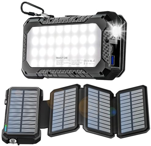 WASTDE Solar Powerbank 26,800mAh mit Solarpanel, Solar Ladegerät Powerbank USB-C 18W Ausgang/Eingang Schnellladung mit Campinglicht und Licht(SOS), Outdoor Externe Akkus Wasserdicht für Handy Tablets