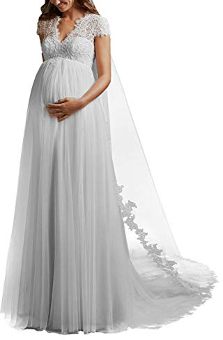WZEFEIO Vestido de Novia Vestido de Novia a Largo Vestido de Novia de Encaje Vestido de Moda Civil Vestido de Princesa Vestido de Mujer Embarazada de Gran Tamaño, Blanco, 40